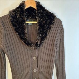 52 Weekends Sweater Cardigan Womens Size L Knit Fury Trim Collar Sleeve Stretchy
